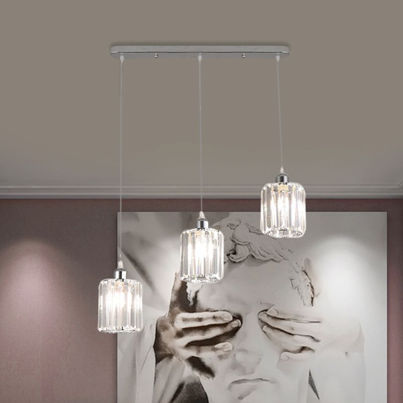 3-Light Restaurant Multi Light Ceiling Light Minimal Chrome Pendant with Cylinder Clear Crystal Shade