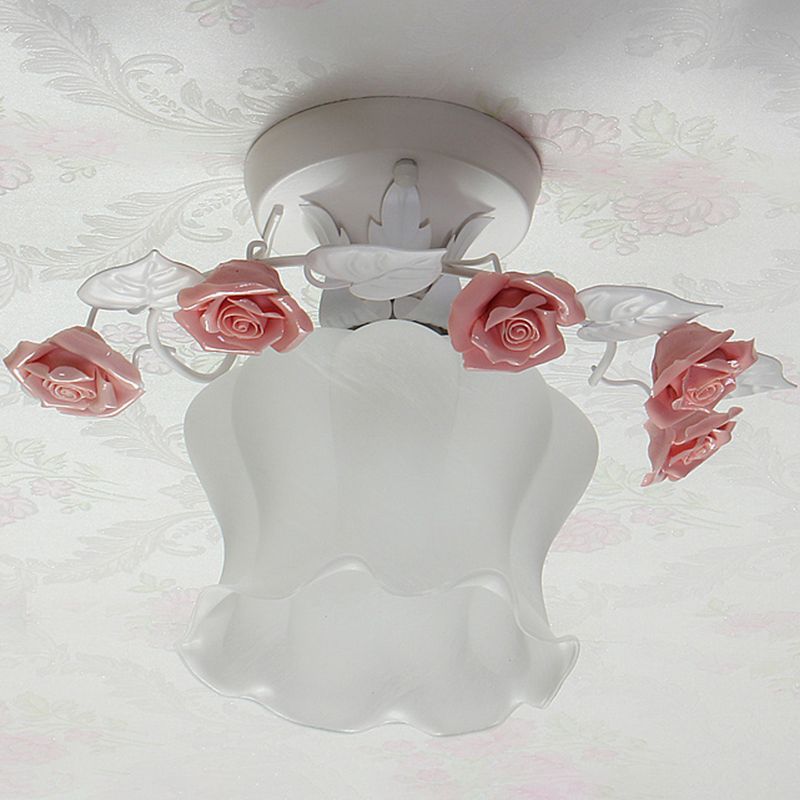 Ruffle Frosted White Glass Semi Flush Mounted Light Pastoral Style 1-Light Dining Room Ceiling Lighting in Pink/White/Blue