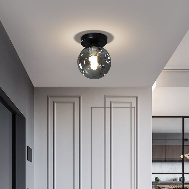 Sphere Shape Flush Light Modern Style Glass 1 Light Flush Ceiling Light in Black / Amber