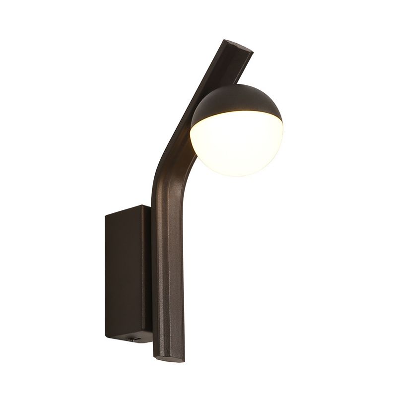 Modernist Orb Sconce Lighting White Glass LED Stairway Wall Mount in Coffee with Angled Metal Arm