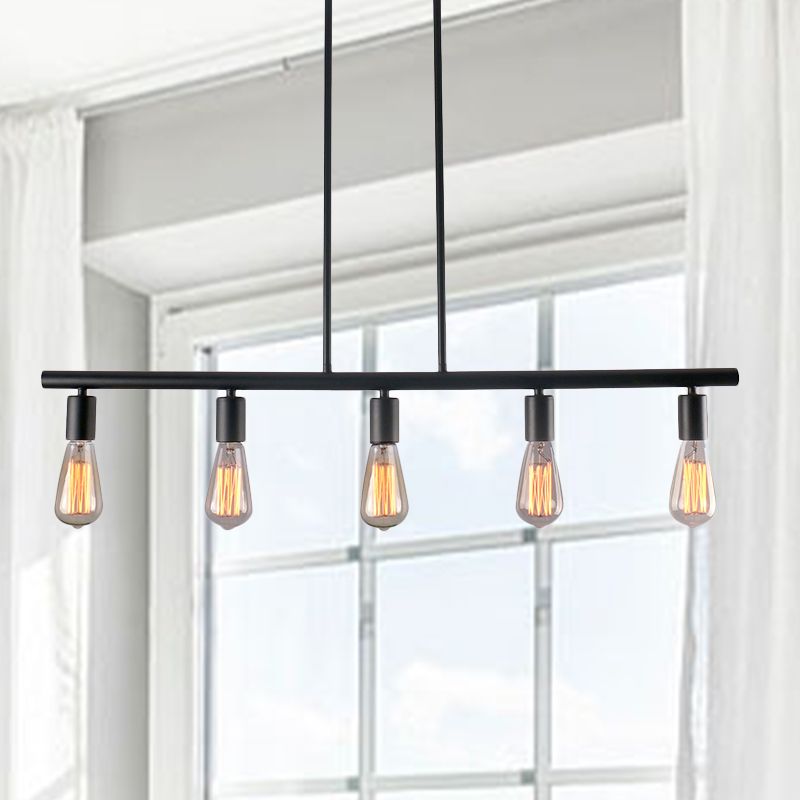 Black Finish Linear Island Lamp Vintage Style 5-Head Metallic Hanging Island Light with Bare Bulb for Dining Room