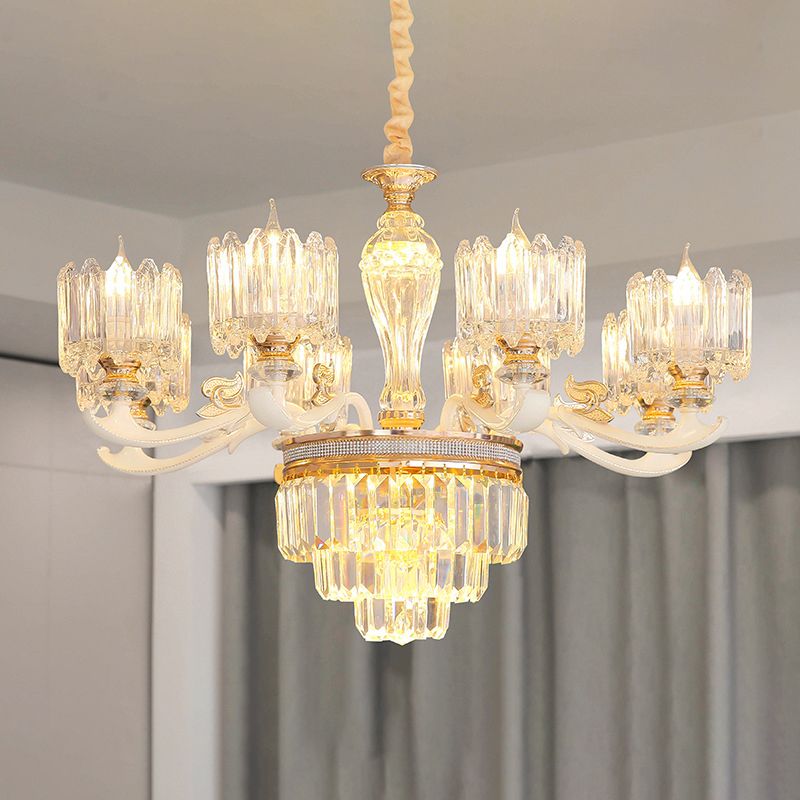Cylindrical Shaped Living Room Chandelier Light Retro Clear Glass Gold Pendant Light with Layered Crystal Decor