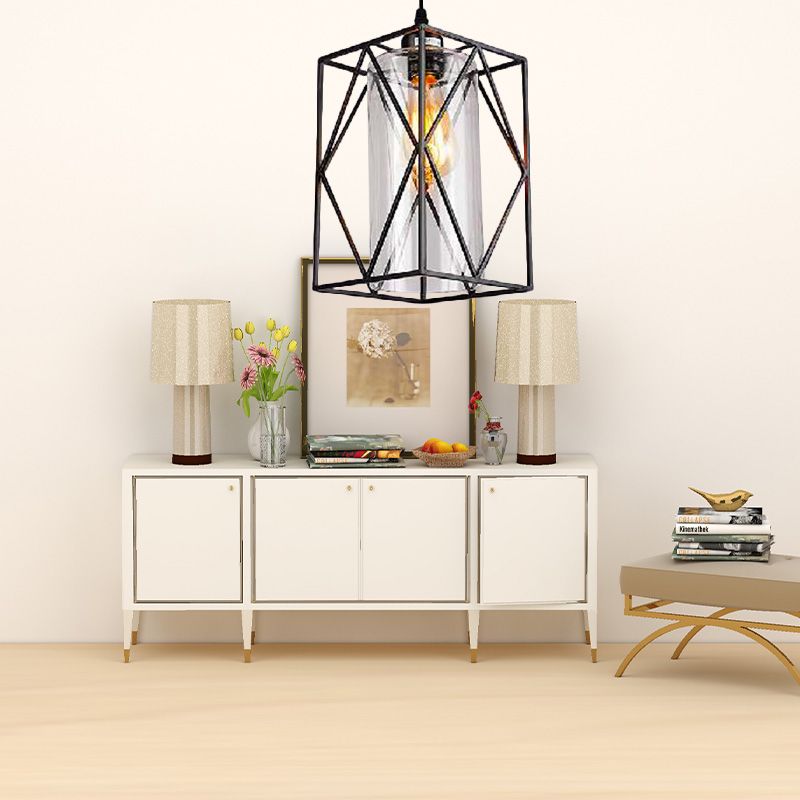 Black Cylinder Pendant Ceiling Light Farmhouse Clear Glass/Fabric 1 Light Living Room Hanging Lamp with Plug