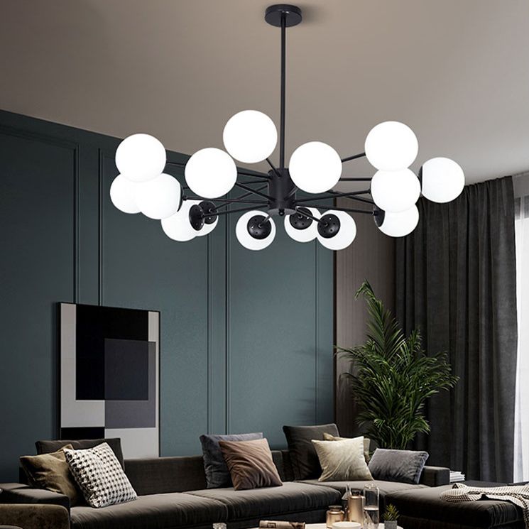 Minimalismo negro Candelera de vidrio Molecular Styling White Globe Shade Lámpara colgante para comedor