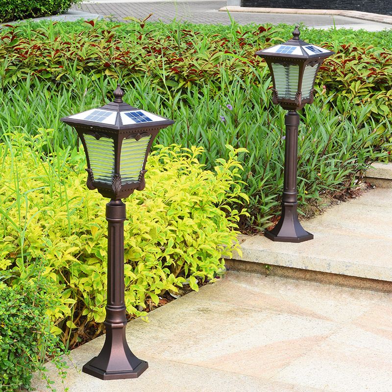 Flared Square Ribbed Glass LED Path Light Vintage Courtyard Solar Landscape Lighting in Coffee