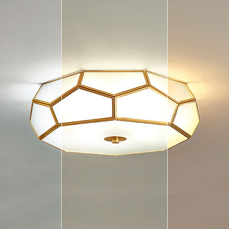 Colonial Style Geometric Ceiling Fixture Copper Flush Mount with Frosted Glass Shade