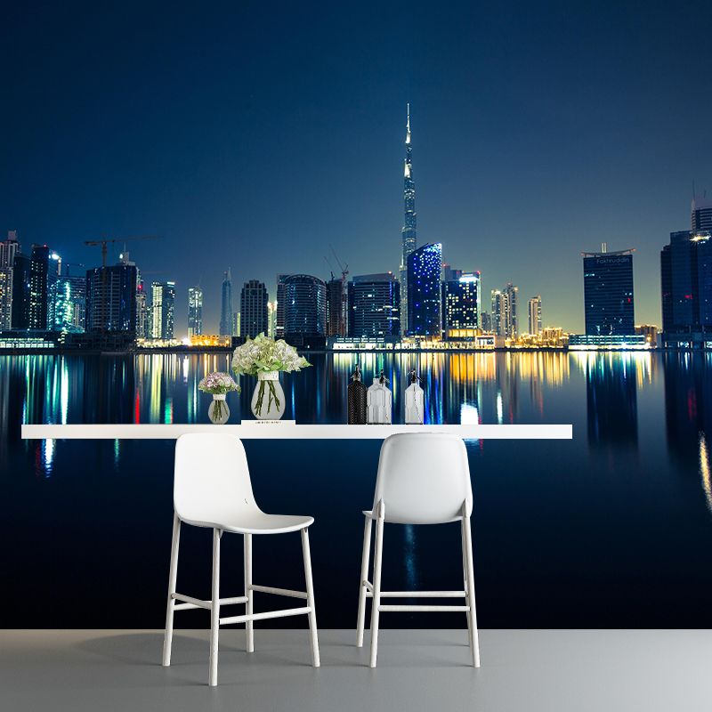 Dubai Night City View Mural Bright Stain Resistant Wall Covering for Living Room
