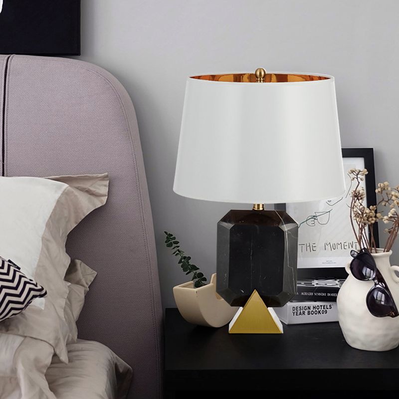 White Drum Desk Light Post Modern 1-Light Fabric Table Lamp with Geometric Marble Middle Column