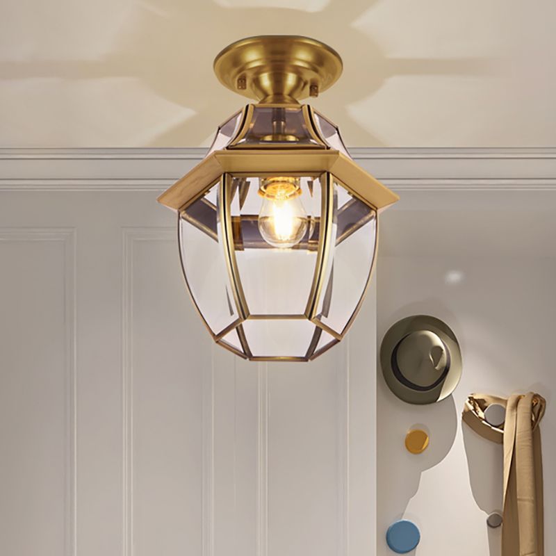 Lantern Bedroom Flush Mount Light Colonial Clear Abgeschrägt Glas 1 Glühbirne Messing Close to Ceiling Lamp