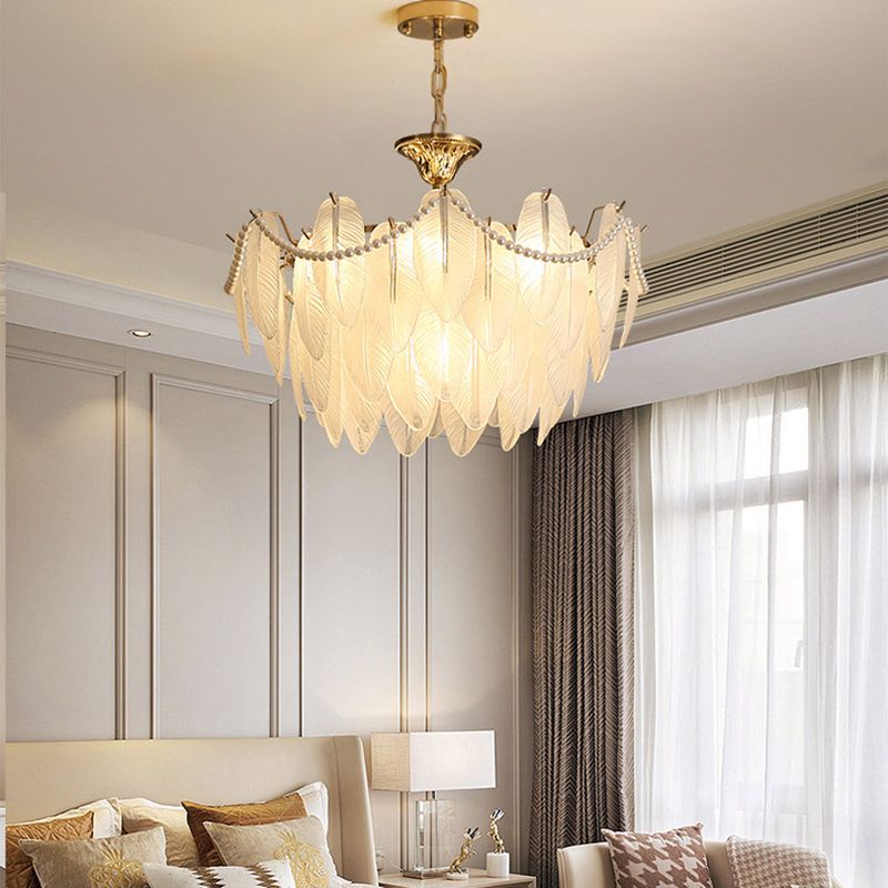 Gold Metal Chandelier Light Fixtures Traditional Multi-Head Feather Hanging Pendant Lamps