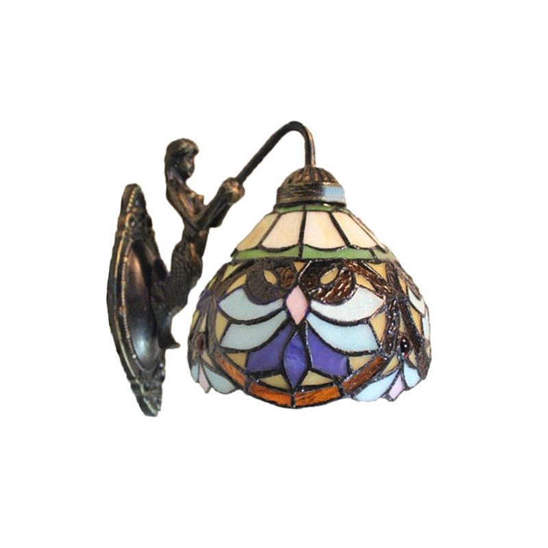 Victorian Dome Wall Light Fixture 1 Head Beige Glass Sconce Light with Flower Pattern