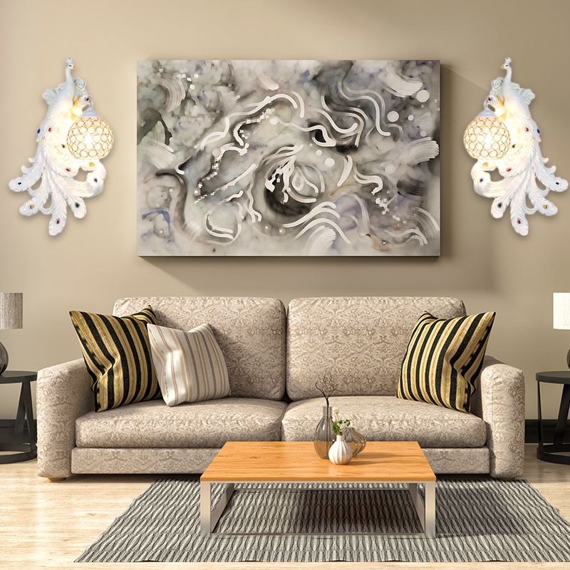 1 Light Blue/Gold Peacock Wall Lamp Country Resin 1/2-Pack Sconce Lighting with Crystal Globe Shade, Double/Right/Left