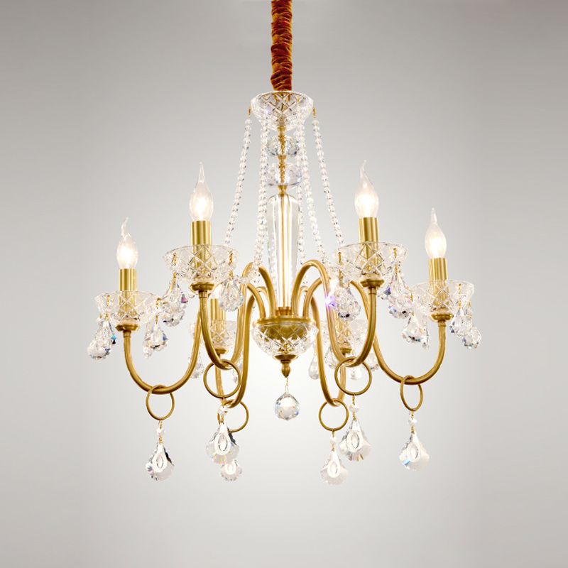 Gouden wervelde arm hanger kroonluchter kroonluchter eenvoudige 6-bulb metalen hangende lamp met kristaldruppel