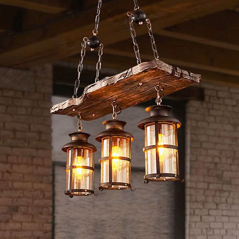 Rectangle Wood Chandelier Pendant Light Industrial Bar Ceiling Hanging Light Fixture in Black