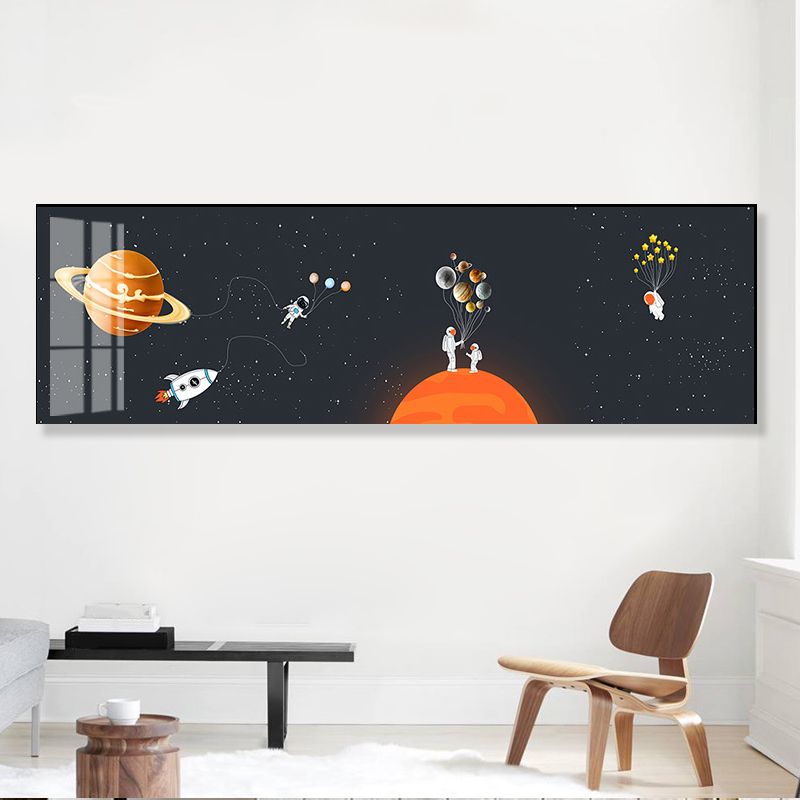 Spaceman and Planet Canvas Art Kids Style Textured Wall Decor in Soft Color for Home