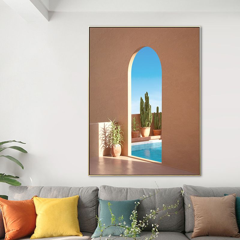 Illustration Building and Lake Canvas Art Nordic Textured Living Room Wall Decor