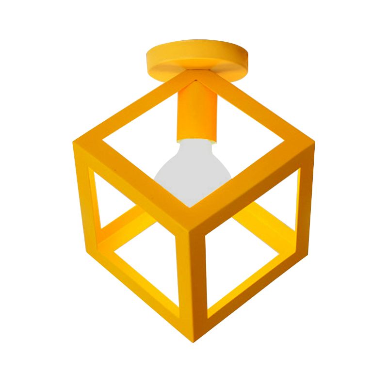 1 Light Squared Ceiling Mounted Light with Wire Guard Loft Style Black/Gray Metallic Semi-Flush Lighting for Bedroom