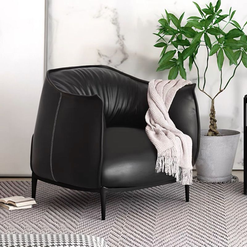 Solid Color Genuine Leather Arms Included with Black Legs Round Arms Barrel Chair