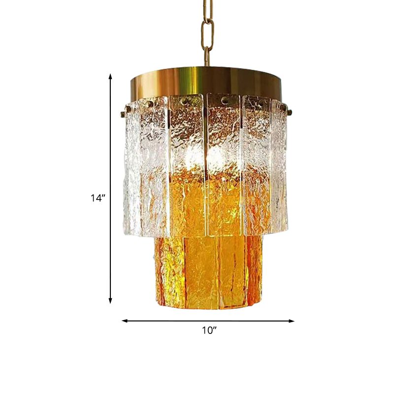 2-Tiered Dining Room Hanging Light Fixture Yellow Textured Glass 1 Head Minimal Style Pendant Lamp