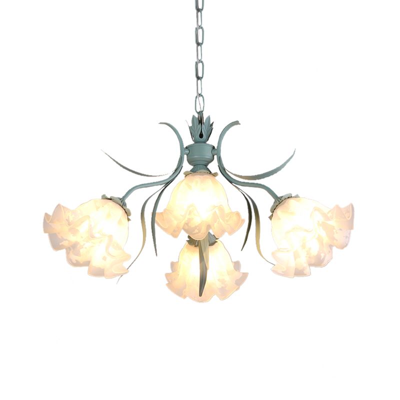 White Glass Green Hanging Chandelier Bloom 4/6/9 Lights Countryside Down Lighting Pendant for Living Room