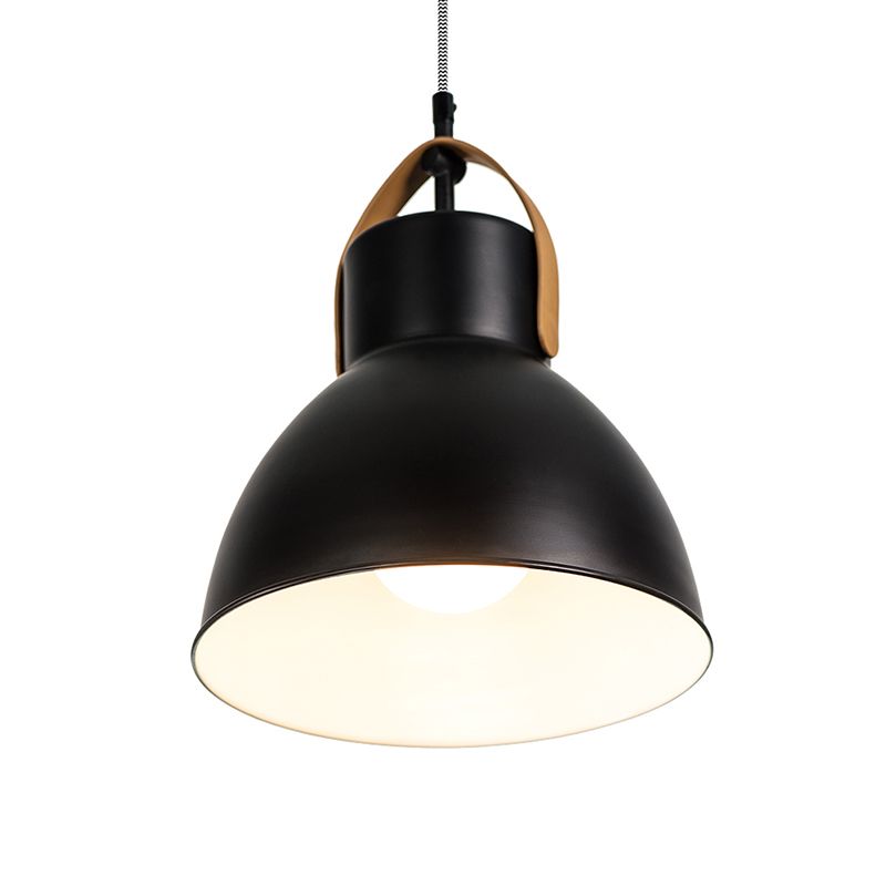 1 Head Hanging Light Industrial Domed Metallic Pendant Lamp with Glass Diffuser and Leather Strap in Black