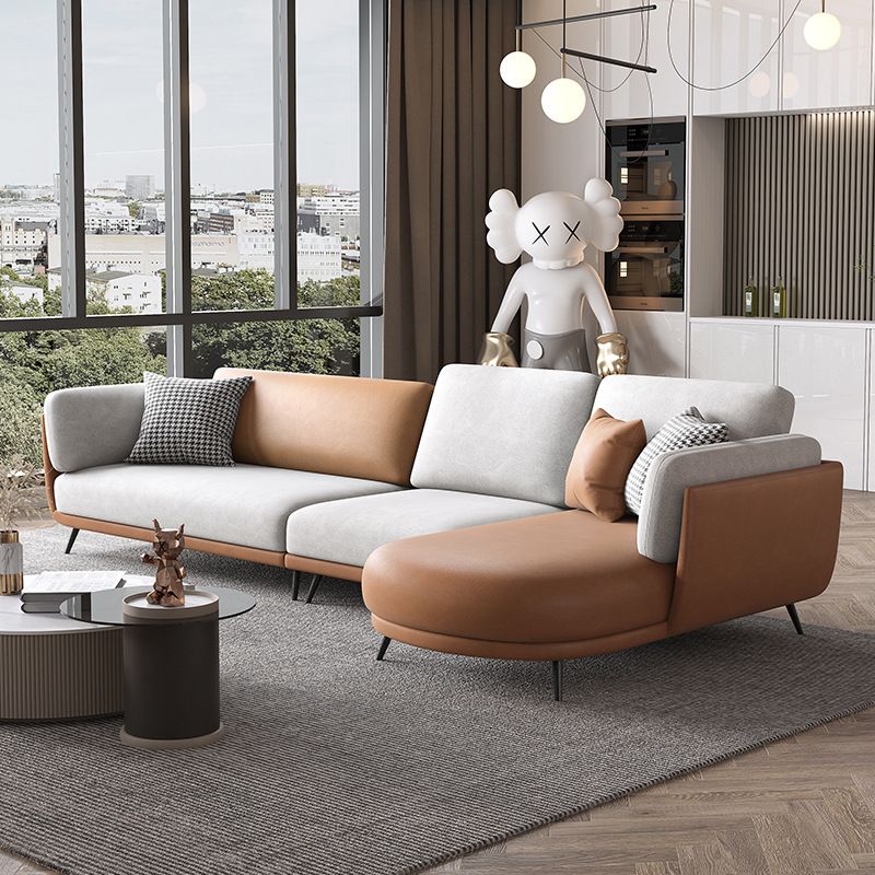 Nordic Faux Leather Living Room Stationary Pillow Top Arm Sofa Chaise