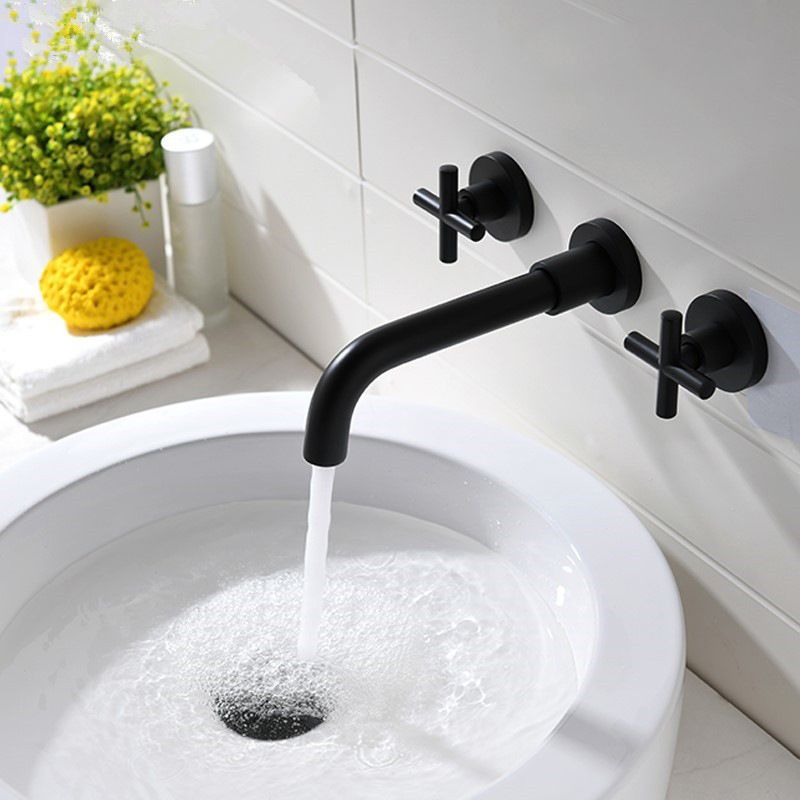 Full Copper Widespread Sink Faucet Double Handle Wall Mounted Bathroom Basin Faucet