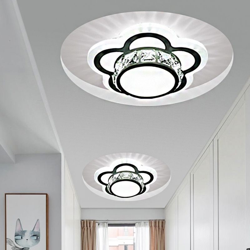 LED Drum Flush Mount Light Contemporary Beveled Crystal Ceiling Lighting in Ivory with Floral Design