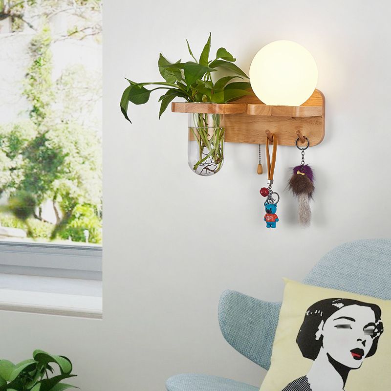 Modern Wooden Wall Sconce Simple Wall Light with Glass Shade without Plants