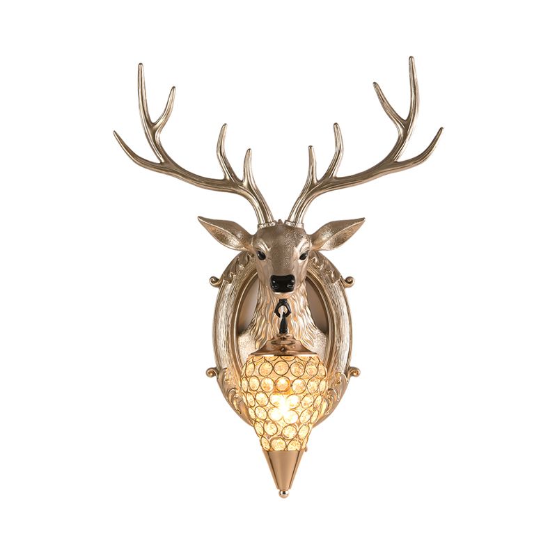 16"/18.5" W Rustic Droplet Sconce Lamp 1 Bulb Crystal Wall Mounted Light in Silver/White/Wood with Deer Resin Backplate