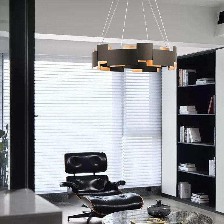 Living Room Chandelier Lighting Modern Black Hanging Ceiling Light with Circle Metal Shade