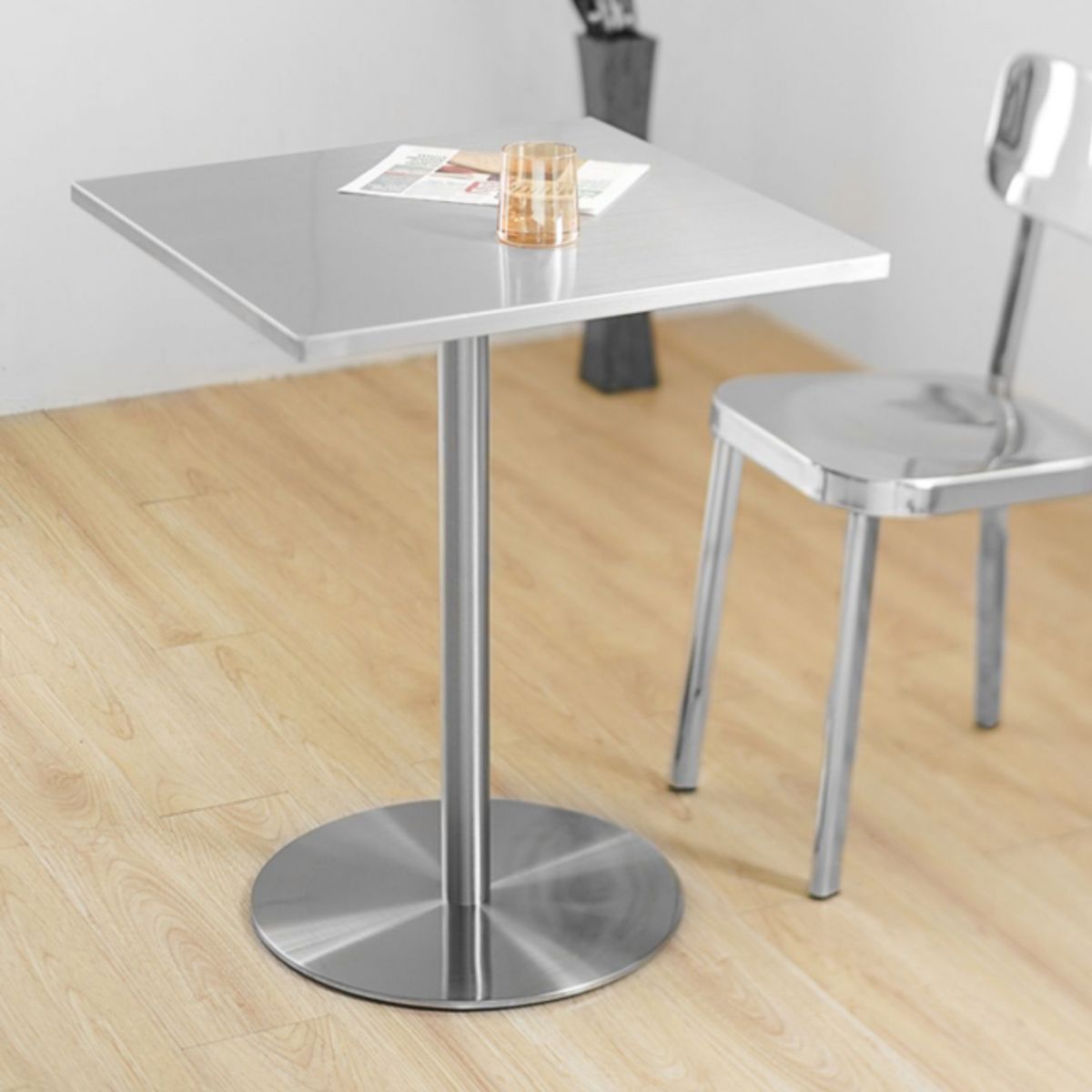 Square Dining Table Industrial Stainless Steel Table with Pedestal Base