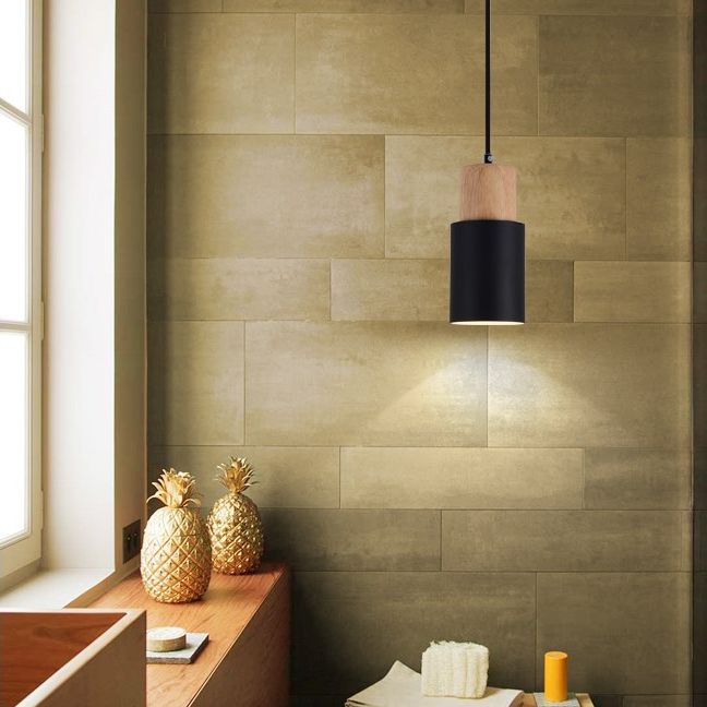 Makkaron -einzelne Anhänger Licht im modernen präzisen Stil Holzzylindroid -Hängelampe mit Eisenschatten