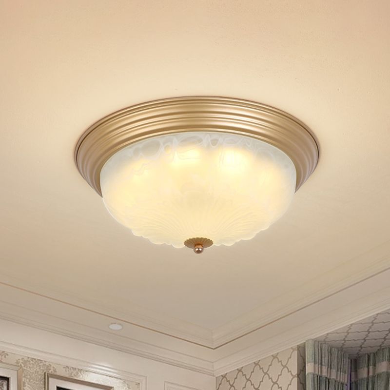 Gold 2/3 Heads Ceiling Light Colonial White Glass Bowl Shape Flush Mount Recessed Lighting, 16"/19.5" Width