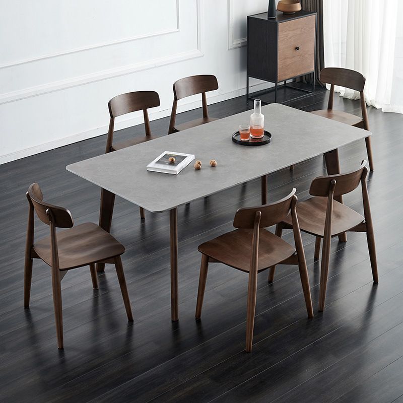 Stone Rectangle Top Table Mid-Century Modern Dining Table with 4 Wood Legs