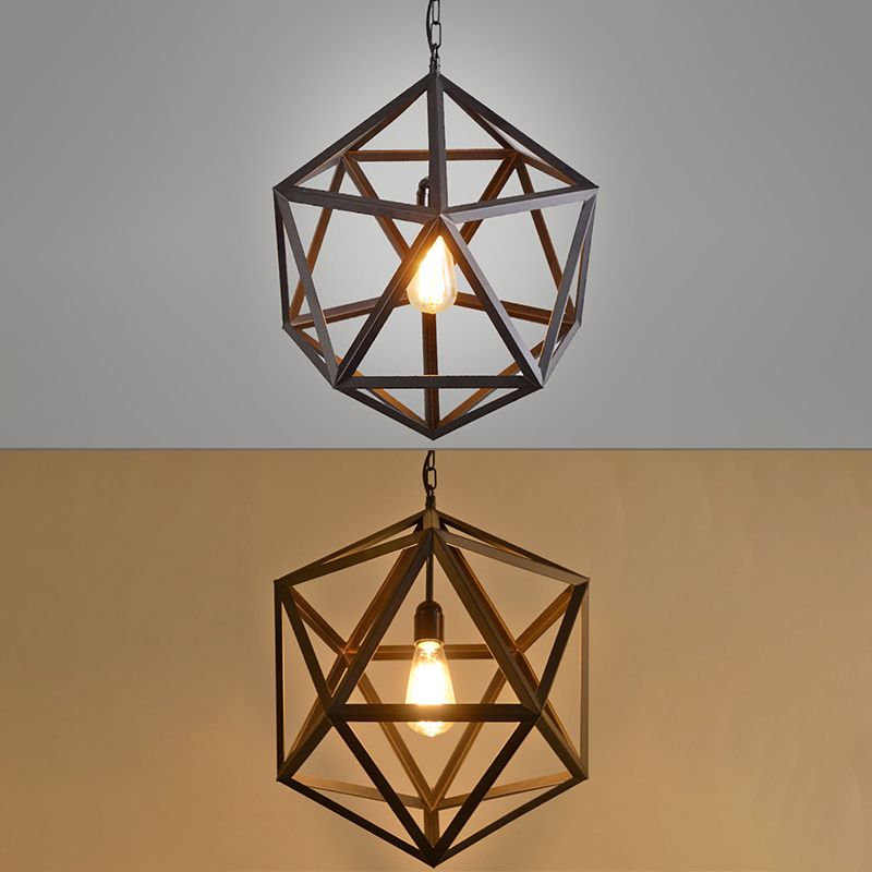Hexahedron Wrought Iron Cage Hanging Light Vintage Industrial Style Lighting Fixture with 31.5" Adjustable Suspended Chain