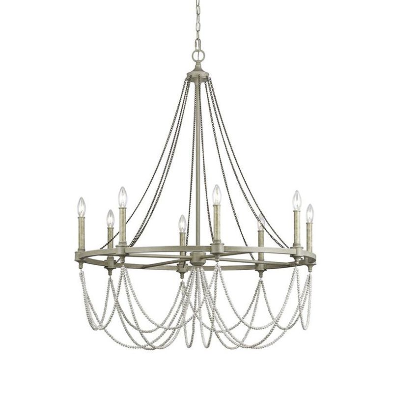 Metallic Candle Chandelier Light Retro Dining Room Pendant Light with Hanging Crystal Bead in Grey