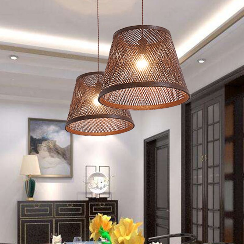 Cone Suspension Pendant Modern Rattan 1 Light Brown Hanging Light Kit for Dining Room
