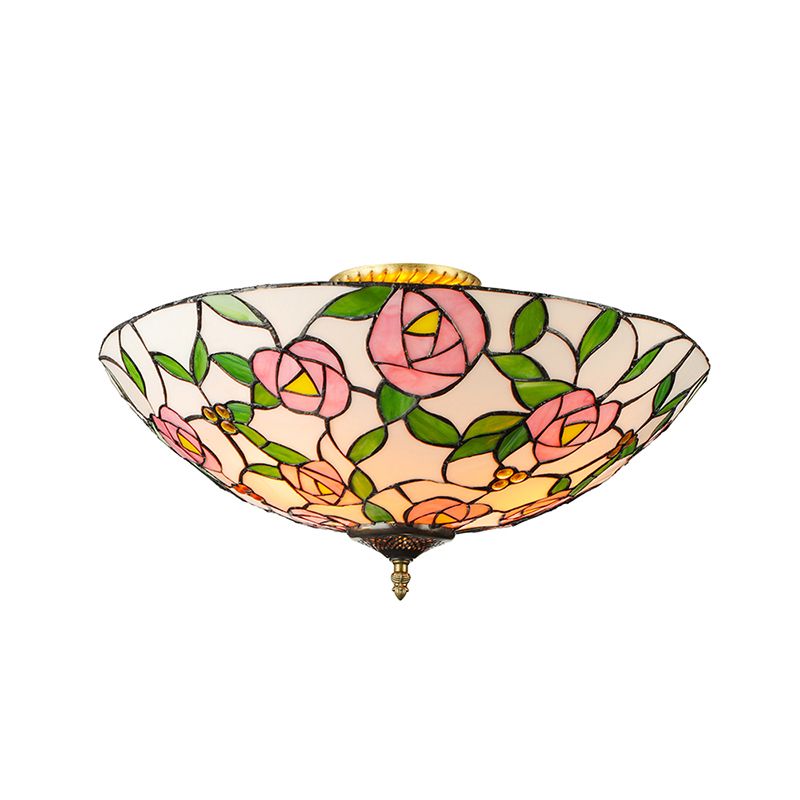 Pink and Green Bowl Flush Light with Rose Vintage Tiffany Stained Glass Flush Ceiling Light