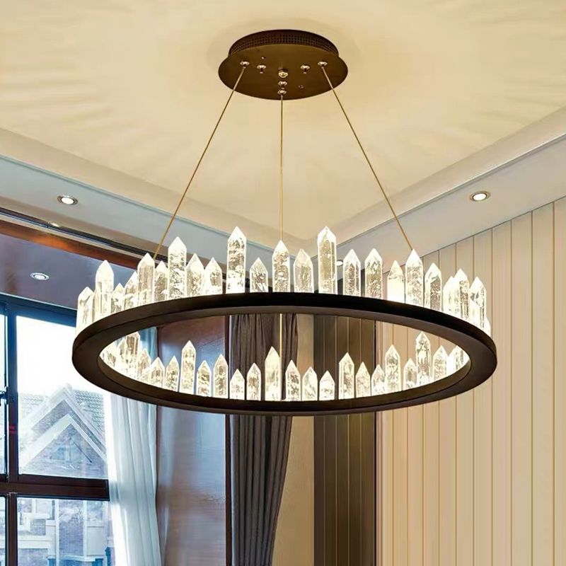 Ring Living Room LED Ceiling Lighting Metallic Postmodern Chandelier Light with Decorative Crystal in Black