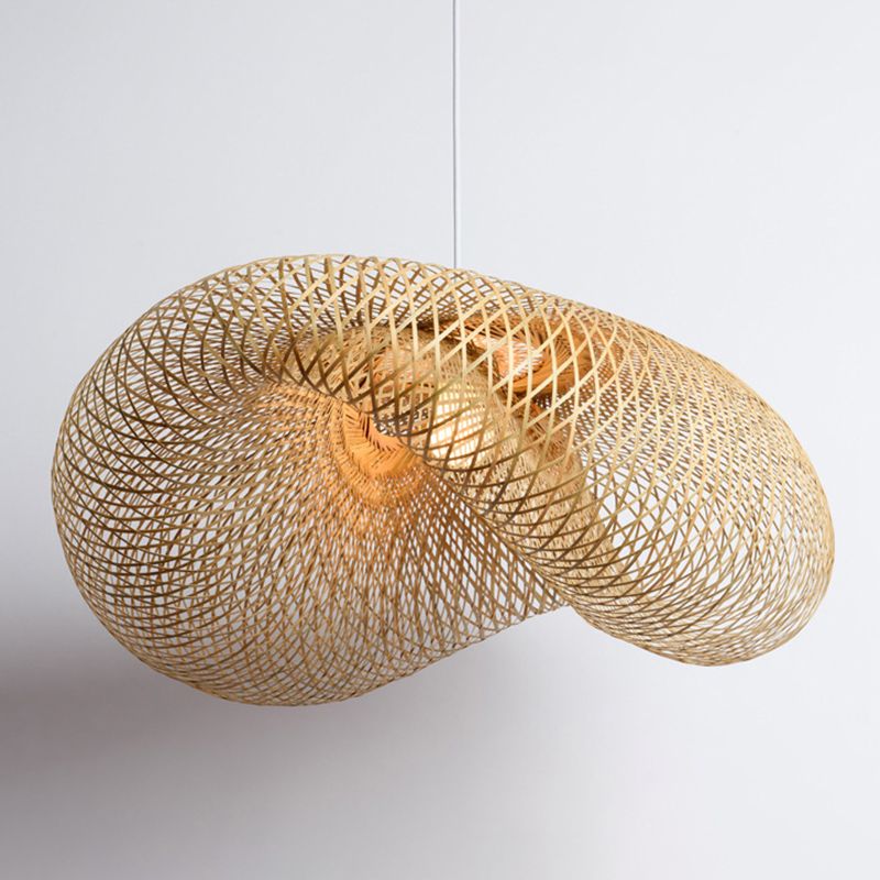 Hat Shape Dinning Room Pendant Lighting Fixture Bamboo Modern Hanging Lamp Kit in Beige