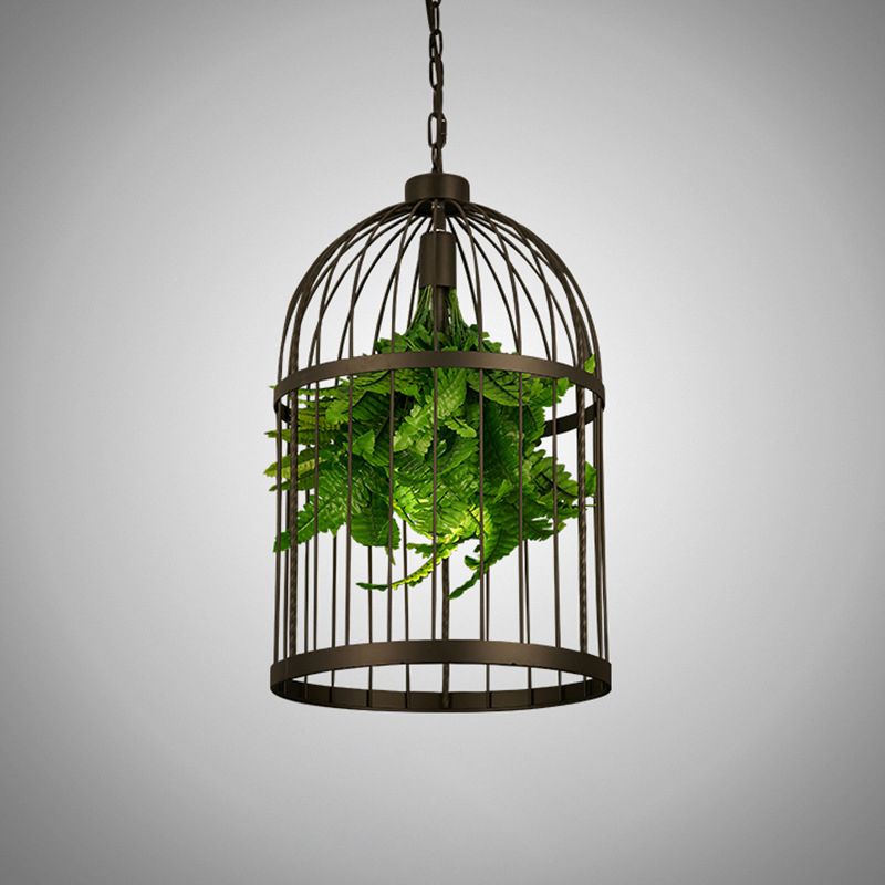 Single-Bulb Birdcage Hanging Lamp Industrial Black Iron Pendulum Light with Artificial Plant