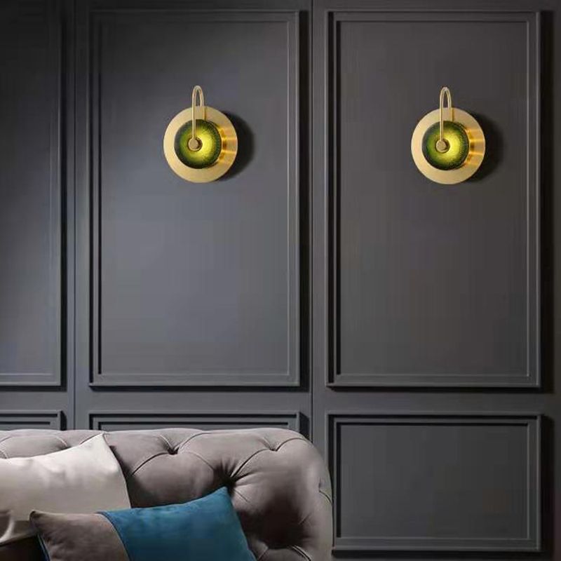 Gold Circular LED Wall Lamp in Modern Luxury Style Metal Indoor Wall Sconce with Glass Shade