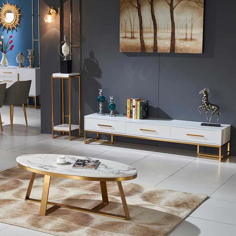 Glam Metal Cross Legs Coffee Table Faux Marble Oval Coffee Table