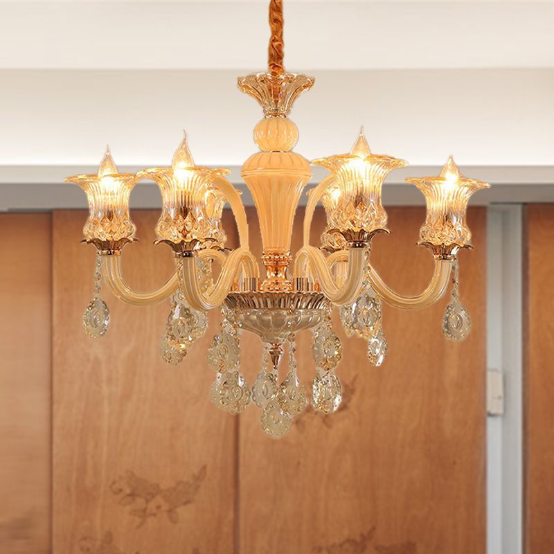 Gold Flower Chandelier Pendant Light Traditional 6/10 Heads Clear K9 Crystal Hanging Lamp for Living Room, 29.5"/35.5" W