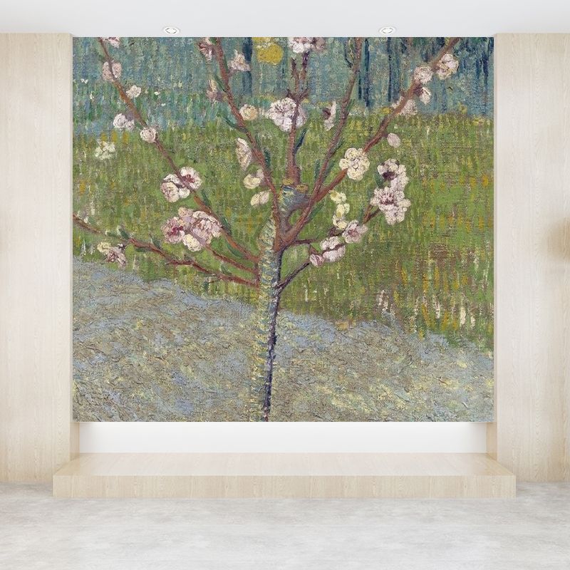 Contemporary Flower Tree Wall Mural for Bathroom Full Size Wall Covering in Green