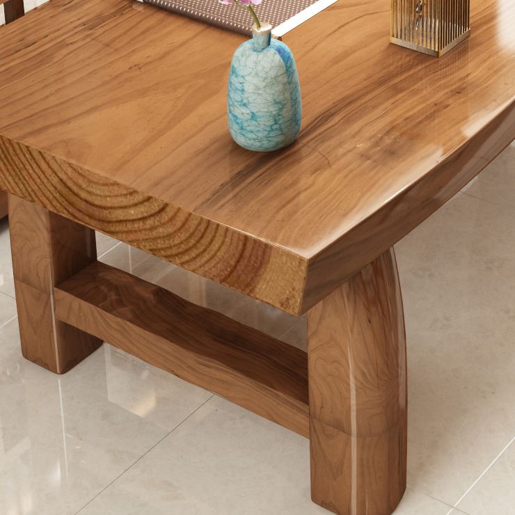 Table à manger de table en bois massif en pin avec piédestal double, en marron