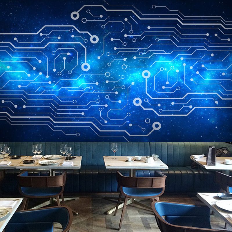 Fantasy Outer Space Wall Mural for Bar Decoration, Customized Size Wall Art in Blue and Black