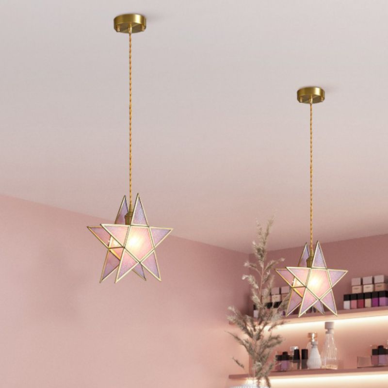 Pink Water Glass Pentacle Pendant Lamp Nordic Style 1-Light Brass Finish Ceiling Lighting Fixture