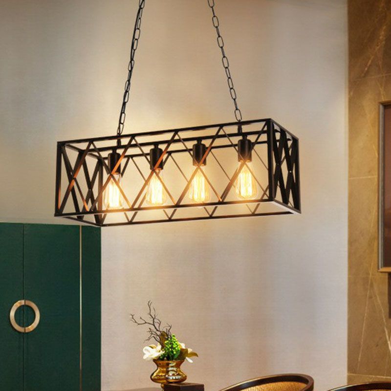 Rectangular Iron Island Pendant Lighting Vintage Dining Room Ceiling Light in Black